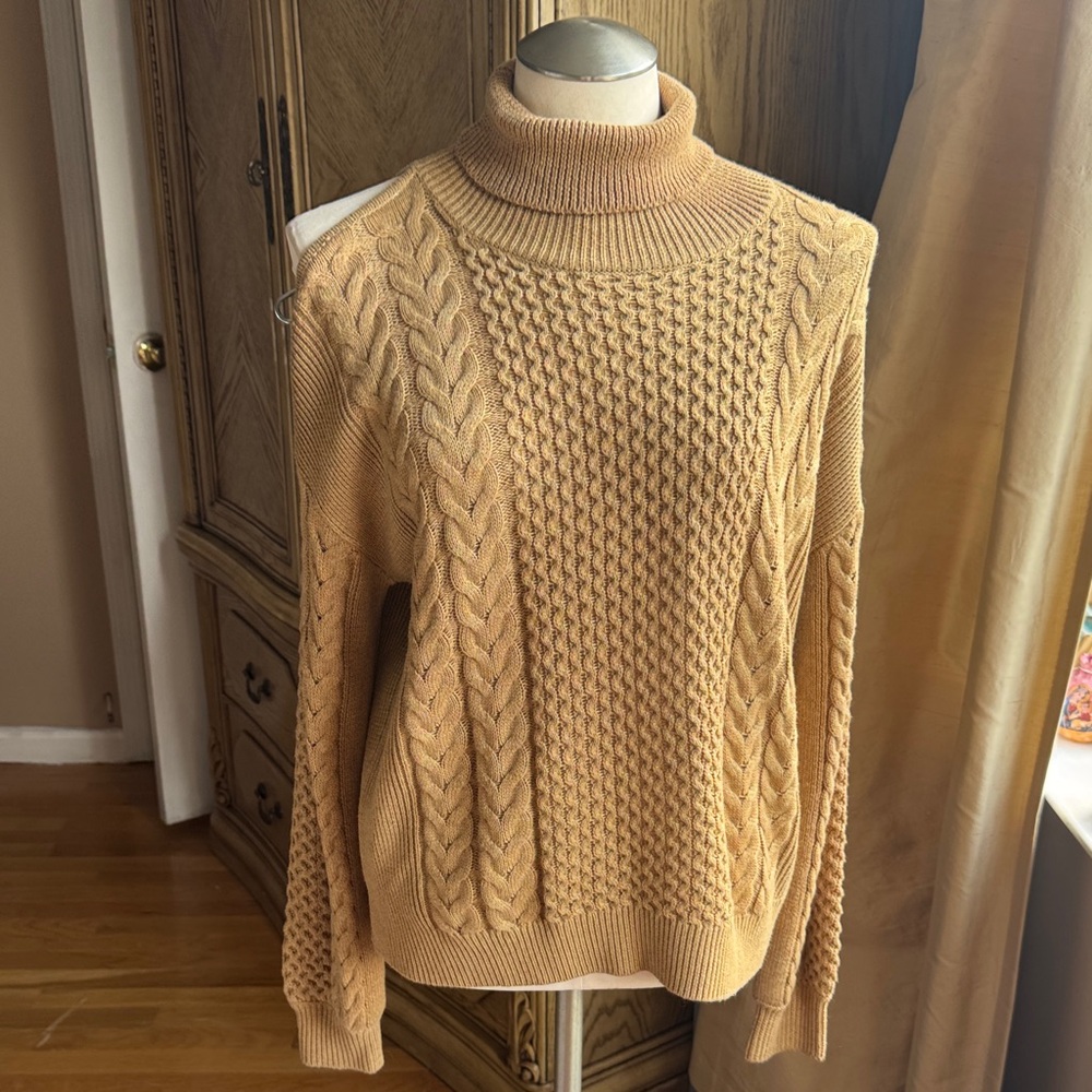 NWOT Avantlook Cable Knit Turtleneck Sweater with One cold shoulder- Tan